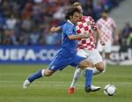 Italy's Andrea Pirlo gets the ball past Croatia's Ivan Rakitic during the Euro 2012 soccer championship Group C match between Italy and Croatia in Poznan, Poland, Thursday, June 14, 2012.