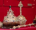 Russian regalia used prior to the Great Imperial Crown. The crown is styled after the Monomakh Cap, and was made for Tsar Michael Fyodorovich by Kremlin masters in 1627. The orb and sceptre are of Western-European origin and may have been given to Tsar Boris Godunov in 1604.