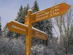 Wooden signposts for several paths. Around 240 kilometres (150 mi) of paths are open to visitors of the Eifel National Park. Cyclists may use 104 kilometres (65 mi) of these and riders 65 kilometres (40 mi).