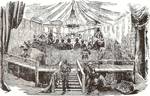 The famous banquet in the Crystal Palace Iguanodon, New Year's Eve 1853. Hawkins benefited greatly from the public's reaction to them, which was so strong it led to what could be considered the first case of tie-in merchandising as a set of smaller versions of Hawkins's models were sold for £30 as educational products.