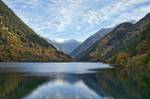 Rhinoceros Lake, one of the Nuorilang lakes, and the second largest in the valley. Jiuzhaigou's ecosystem is classified as temperate broad-leaf forest and woodlands, with mixed mountain and highland systems.