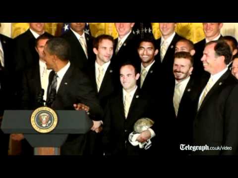 US President Barack Obama jokes with David Beckham