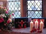 Candles lit in St. Mary's parish church, Memorial Day, Wheatley. The Church of England parish church of Saint Mary the Virgin was built in the 18th century.