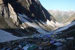 Thousands of tents are installed for Hindu pilgrims during Amarnath Pilgrimage, one of the most revered of Hindu shrines on July 01, 2011. near Baltal, Jammu and Kashmir, India. More than 5,000 Hindu devotees, braving sub-zero temperatures, began the hike over glaciers and along paths overhanging gorges to reach the sacred Amarnath cave housing an ice stalagmite, a stylized phallus worshiped by Hindus as a symbol of the god Shiva, enveloped by the rugged Himalayan mountains. The Kashmiri mountai