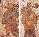 Animalistic guardian spirits of day and night wearing Chinese robes, Han Dynasty paintings on ceramic tile; Michael Loewe writes that the hybrid of man and beast in art and religious beliefs predated the Han and remained popular during the first half of Western Han and the Eastern Han.[82]