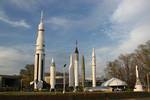 Some of the rockets in the U.S. Space & Rocket Center. From left to right: Saturn I, V-1, Jupiter IRBM, Juno II, Redstone, Mercury-Redstone, and Jupiter-C.