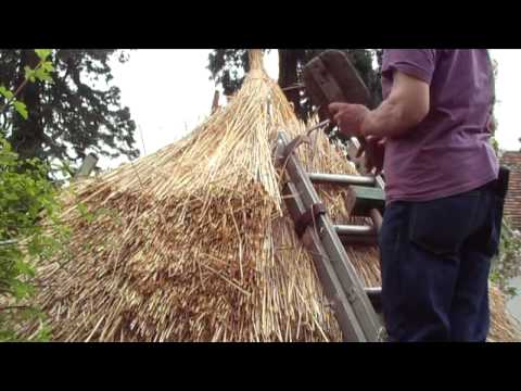 Thatching a round straw roof, iron age hut thatch style