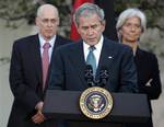 President Bush pauses as he speaks with the G7 Finance Ministers in the Rose Garden of the White House Saturday, Oct. 11, 2008, in Washington.