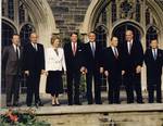 World leaders at the 14th G7 summit in 1988: Jacques Delors, Ciriaco De Mita, Margaret Thatcher, Ronald Reagan, Brian Mulroney, Francois Mitterrand, Helmut Kohl and Noboru Takeshita