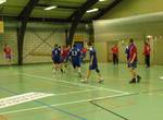 Handball match in Vágshøll Sports Hall in Vágur, Faroe Islands on 11 December 2011, boys 16, VB Vágur vs. Neistin from Tórshavn. VB are in red and blue shirts with stripes, Neistin are in blue and white shirts.