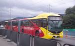 A bi-articuled bus of Transmilenio, in Bogotá, Colombia.A bi-articulated bus or double articulated bus is an extension of an articulated bus in that it has three passenger compartment sections instead of two. This also involves the addition of an extra axle.