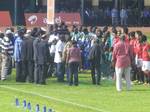 Brazilian Female football icon, Martha Vieira hands with players of Sierra Leone and Egypt during the CAF African Nations Cup qualifying match at the National Stadium in Freetown.