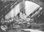 In 1908, Edward Gordon Craig designed the MAT production of Hamlet (1911–12). The isolated figure of Hamlet reclines in the dark foreground, while behind a gauze the rest of the court are absorbed in a bright, unified golden pyramid emanating from Claudius. Craig's famous screens are flat against the back in this scene.