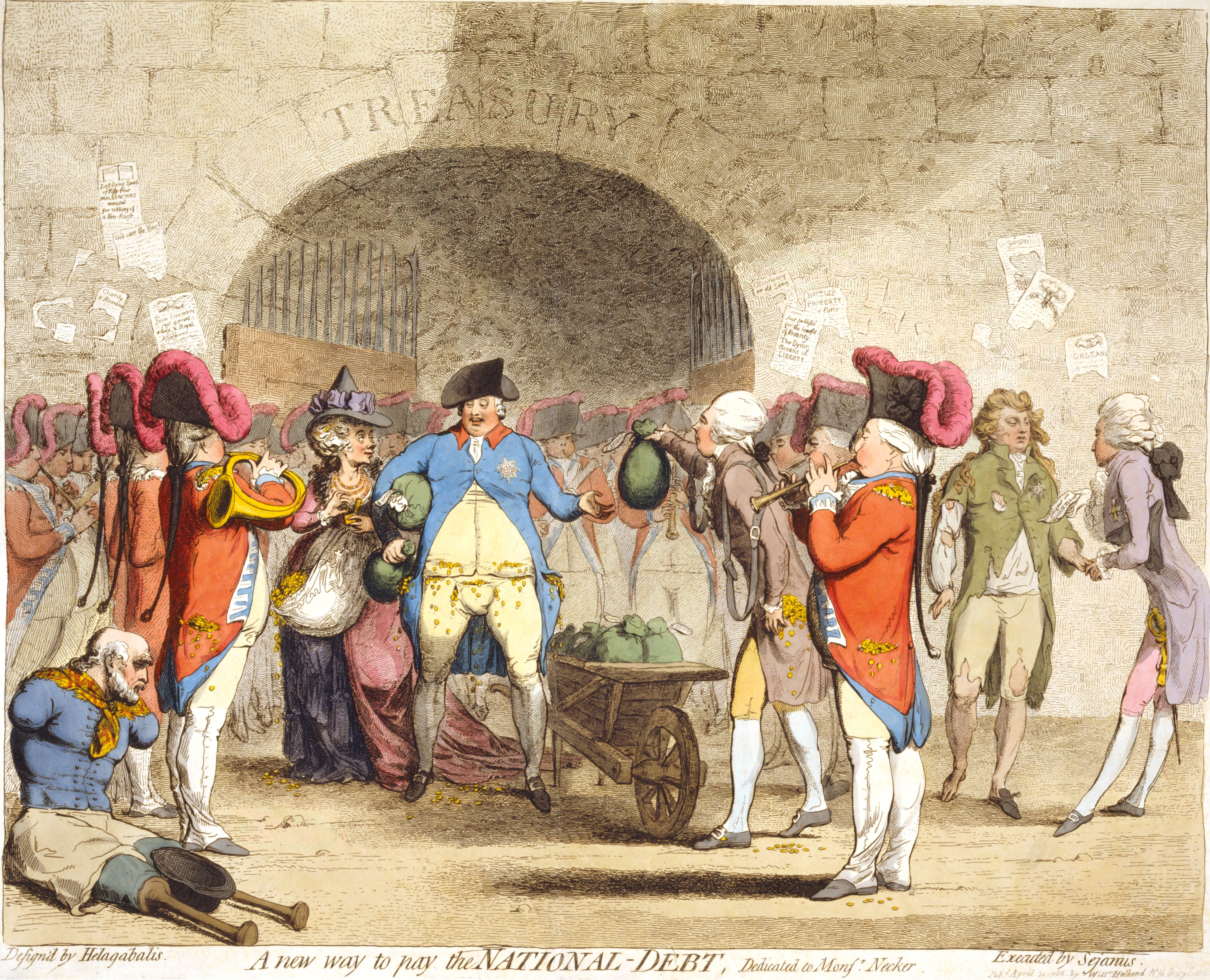 Centre: George III, drawn as a paunchy man with pockets bulging with gold coins, receives a wheel-barrow filled with money-bags from William Pitt, whose pockets also overflow with coin. To the left, a quadriplegic veteran begs on the street. To the right, George, Prince of Wales, is depicted dressed in rags.