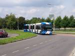 A Van Hool bi-articulated bus in Utrecht, Netherlands.The oldest bi-articulated bus system still in use is in Curitiba, Brazil.