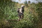 U.S. Marine Lance Cpl. Andrew Loggins, a rifleman with 1st Platoon, India Company, 3rd Battalion, 3rd Marine Regiment, and 25-year-old native of Clarksville, Ga., uses a makeshift bridge to cross a canal during a security patrol here, April 30, 2012. On the final patrol of their seven-month deployment, the Marines toured the Durzay region of Helmand province's Garmsir district to disrupt possible insurgent activity. After arriving in Garmsir in October 2011, the Marines aided Afghan National Sec