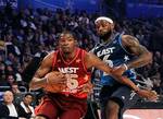 Eastern Conference's LeBron James (6), of the Miami Heat, pressures Western Conference's Kevin Durant (35), of the Oklahoma City Thunder, during the NBA All-Star basketball game, Sunday, Feb. 26, 2012, in Orlando, Fla. (AP Photo/Chris O'Meara)