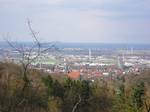 View of Lübbecke from the Wiehen Hills. In the foreground is the Old Town and St. Andrew's Church; in the background the industrial estate and North German Plain.