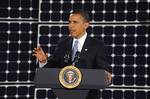 President Barack Obama addressed a crowd of more than 450 Airmen, civilians and community leaders during a visit to Nellis Air Force Base, Nev., at the Thunderbird Hangar, May 27. President Obama introduced the addition of two renewable energy programs by the American Recovery and Reinvestment Act of 2009 (Recovery Act) after a visit of Nellis' photovoltaic array. The PVA is the largest in the Western Hemisphere and supplies 25 percent of the base's enegy. The Recovery Act was signed Feb. 17 and