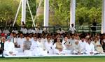 The President, Smt. Pratibha Devisingh Patil, the Vice President, Shri Mohd. Hamid Ansari, the Prime Minister, Dr. Manmohan Singh, the Speaker, Lok Sabha, Smt. Meira Kumar, the Union Minister for Urban Development, Shri Kamal Nath, the Chairperson, National Advisory Council, Smt. Sonia Gandhi and other dignitaries at the Sarva Dharma Prarthana Sabha, at the Samadhi of former Prime Minister, Late Shri Rajiv Gandhi on his 21st Anniversary of Martyrdom, at Vir Bhoomi, in Delhi on May 21, 2012.