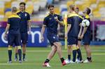 Sweden's Zlatan Ibrahimovic exercises during the official training on the eve of the Euro 2012 soccer championship Group D match between Ukraine and Sweden in Kiev, Ukraine, Sunday, June 10, 2012.