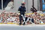 A search dog is used to try and find a person reported missing amongst the rubble of a building after Saturday's earthquake at the corner of St Asaph and Barbadoes Streets in Christchurch, New Zealand, Sunday, Sept. 5, 2010. The powerful earthquake that smashed buildings, cracked roads and twisted rail lines around the New Zealand city of Christchurch also ripped a new 11-foot (3.5 meter) wide fault line in the earth's surface, a geologist said Sunday.