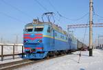 Electric locomotive Škoda ChS8-075 in Vinnitsa railway station. This locomotive has been made in 1989. The Moscow — Kishinev train.