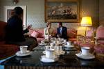 President Barack Obama and First Lady Michelle Obama talk with Irish President Mary McAleese and Dr. Martin McAleese during a courtesy call in the Drawing Room at the President’s residence in Dublin, Ireland, May 23, 2011. Members of the U.S. and Irish delegations join. Members of the U.S. delegation include: Ambassador Dan Rooney, Chief of Staff Bill Daley, Liz Sherwood-Randall, Senior Director for European Affairs. Members of the Irish delegation include: Irish Ambassador to the U.S. Michael C