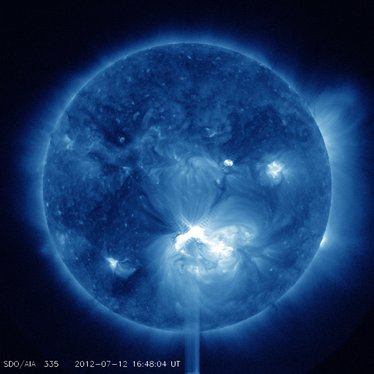 An X1.4 class flare erupted from the center of the sun, peaking on July 12, 2012 at 12:52 PM EDT. It erupted from Active Region 1520 which rotated into view on July 6.