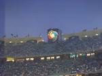 Dodger Stadium hosts the 2009 World Baseball Classic. The top of a ten-story elevator shaft bears the World Baseball Classic logo.