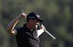 Peter Hanson from Sweden celebrates after scoring a winning putt at the PGA European Tour 2010 Czech Open golf tournament in the north east village of Celadna, Czech Republic