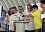 President Benigno S. Aquino III, assisted by Presidential Communications Operations Office (PCOO) Secretary Herminio Coloma, Jr., former Akbayan Party List Representative Ana Theresia Hontiveros-Baraquel, Marikina City Mayor Del de Guzman, Science and Technology Secretary Mario Montejo, Project NOAH executive director Dr. Alfredo Mahar Lagmay and Marikina City 2nd District Representative Romero Federico Quimbo, presses the enter key to officially launched the Project NOAH (Nationwide Operational