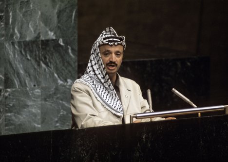 File - The UN General Assembly today took up the question of Palestine. The first speaker was Yasser Arafat, head of the Palestine Liberation Organization (PLO), 13 November, 1974.