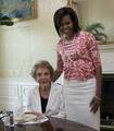 First Lady Michelle Obama visits with Former First Lady Nancy Reagan at the White House on June 3, 2009.