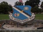 Sign at front entrance of deactivated Castle AFB. With the end of the war 444th Bombardment Group (Very Heavy) arrived on 15 November 1945 from West Field, Tinian with four squadrons (344th, 676th, 677th, and 678th) of wartime B-29s.