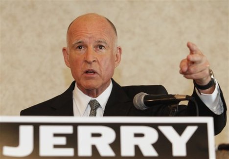 California Attorney General and Democratic gubernatorial candidate, Jerry Brown challenges Republican candidate Meg Whitman to hold 10 joint town hall appearances around the state, during a news conference at the Los Angeles Athletic Club