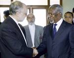 Ali Akbar Salehi, Minister for Foreign Affairs of Iran (Left) shakes hand with U.N. and Araab League Envoy on Syria Kofi Annan ( right )after a meeting aside of the 19th session of the Human Rights Council at the United Nations in Geneva . 27 February 2012. UN Photo