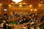 Peoples Democratic Party (PDP) leaders after an altercation with speaker legislative assembly, Mohammad Akbar Lone after the latter did not take up the adjournment motion moved by PDP in connection with the alleged custodial death of Syed Mohammad Yusuf, National Conference of Bijbehara-Anantnag.