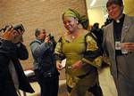 This year's Nobel Peace Prize winner Leymah Gbowee arrives at the Interchurch Center, Friday, Oct. 7, 2011, in New York. Leymah Gbowee confronted armed forces in Liberia to demand that they stop using rape as a weapon.