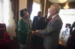 Secretary of the Navy (SECNAV) the Honorable Ray Mabus meets with Liberian President Ellen Johnson Sirleaf at the Ministry of Foreign Affairs building in Monrovia, Liberia.