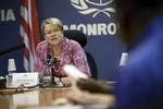 UNMIL Photo/Staton Winter,October 6, 2011, Monrovia, Liberia: SRSG Ellen Margrethe Loj, Special Representative of the Secretary-General in Liberia addresses the media on 6 October at a press conference on UN preparations in place for the October 2011 Liberian elections in support to the Liberian authorities.