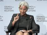 IMF Managing Director Christine Lagarde addresses a gathering at the Council on Foreign Relations in New York, Tuesday, July 26, 2011.