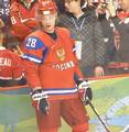 Alexander Semin of the Russia men's national ice hockey team, warming up before a match against the Latvia men's national ice hockey team in the 2010 Winter Olympics at Canada Hockey Place on February 16, 2010.