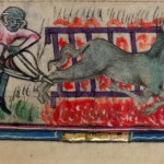 Detail of a unicorn on the grill in Geoffrey Fule's cookbook, England, mid-14th century (London, British Library, MS Additional 142012, f. 137r).
