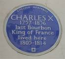 Blue plaque to Charles X of France on his house (1805-1814) at 72 South Audley Street, London, England. Photographed by me 29 September 2006. Oosoom