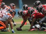 Action between Pune Marathas and Mumbai Gladiators where the Marathas beat the Gladiators 14-0 during the exhibition match of American Football (Elite Football League of India) played in Kolkata at the Salt Lake Stadium on Thursday 29 March 2012