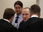 Accused Norwegian Anders Behring Breivik at the courtroom, in Oslo, Norway, Tuesday April 17, 2012.