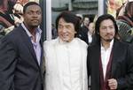 Actor Chris Tucker, left, actor Jackie Chan, center, and actor Hiroyuki Sanada pose on the press line at the premiere of 