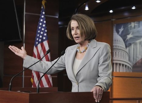 House Minority Leader Nancy Pelosi of Calif. gestures during a news conference on Capitol Hill in Washington, Friday, Feb. 18, 2011, to counter the plans of House Speaker John Boehner and Republicans to cut the spending for the current budget year.