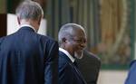 Kofi Annan, Joint Special Envoy of the United Nations and the Arab League for Syria, following a news conference after emerging from the Action Group on Syria meeting in the Palace of Nations, Saturday, June 30, 2012, at the United Nations' Headquarters in Geneva, Switzerland.